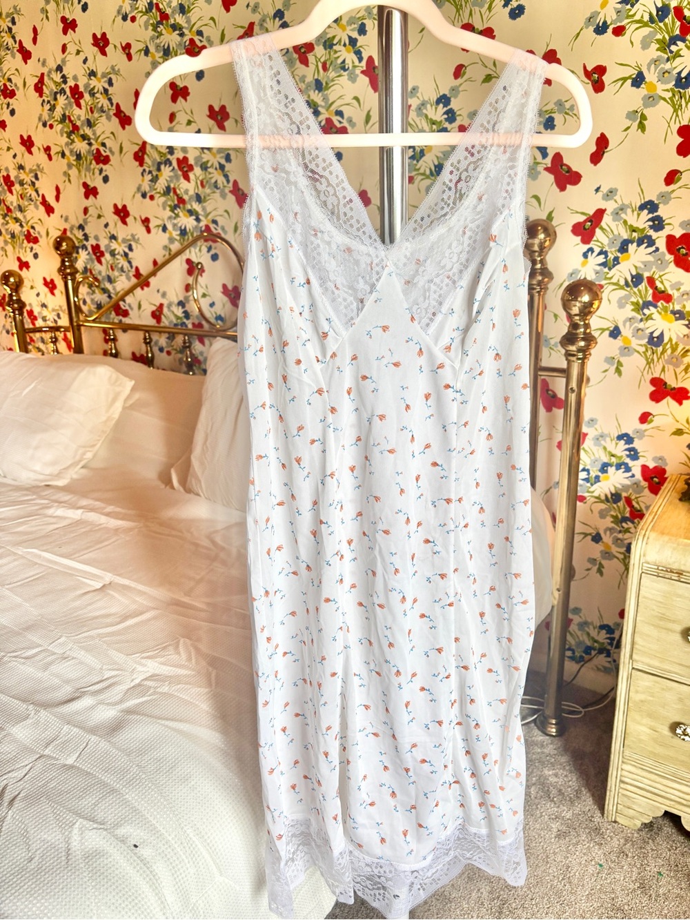 vintage cottagecore floral lace slip dress nightgown white blue peach fairycore - Picture 2 of 5